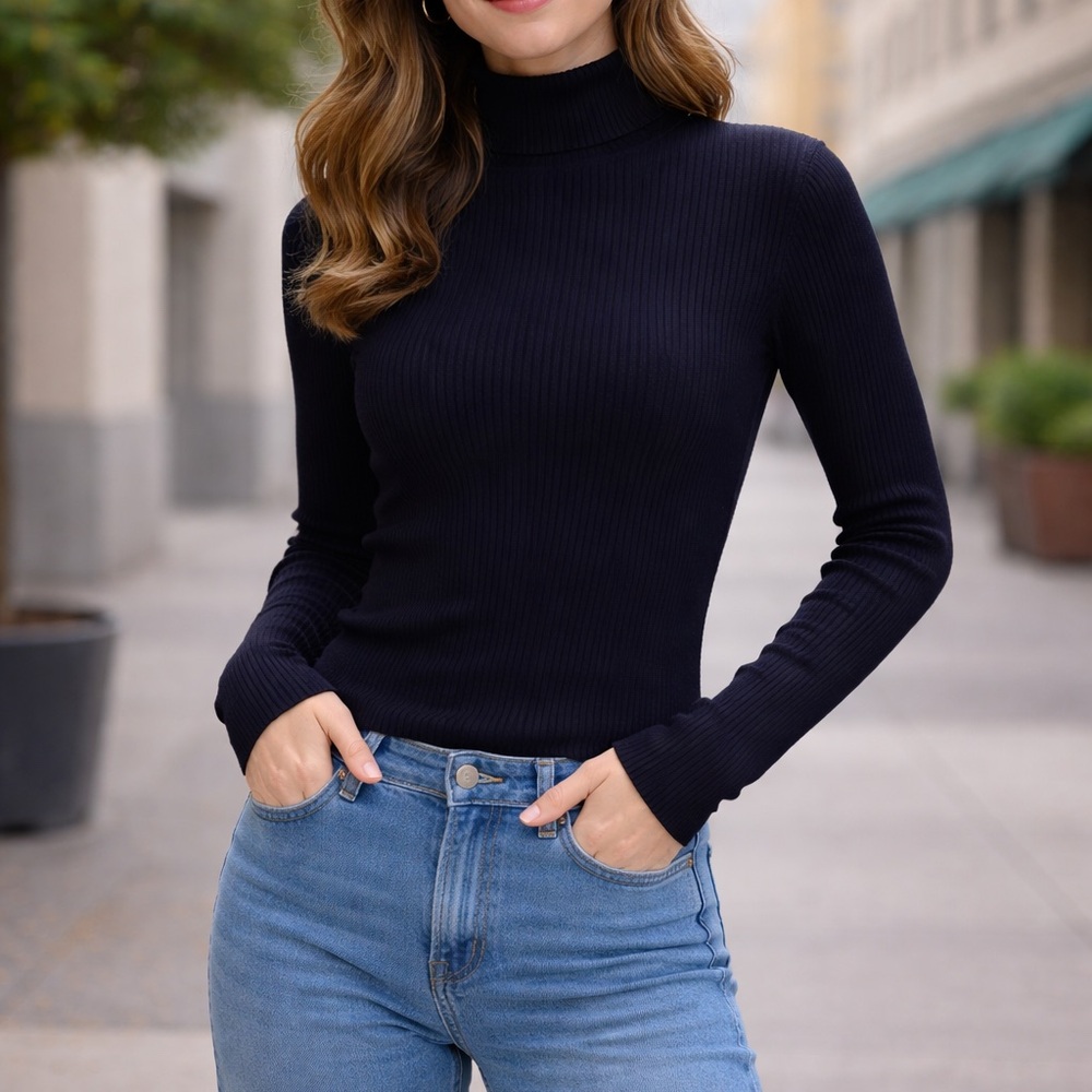 Able Black Form Fitting Ribbed Turtleneck Cotton Sweater Size XS